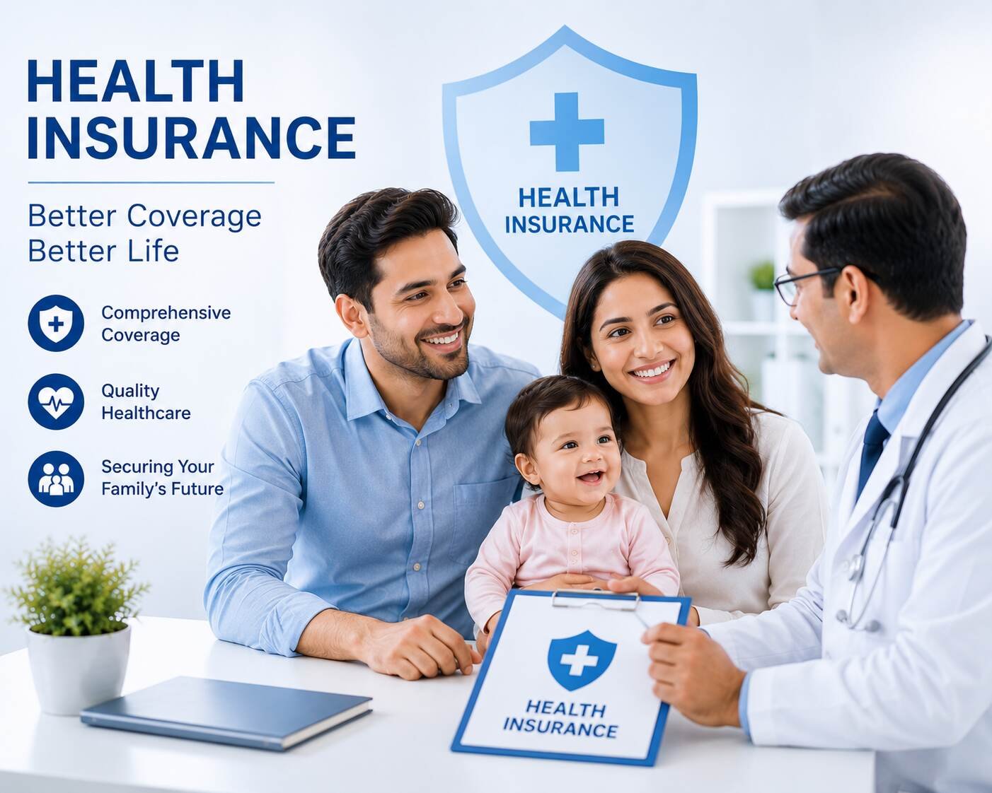 Family reviewing health insurance plan with doctor